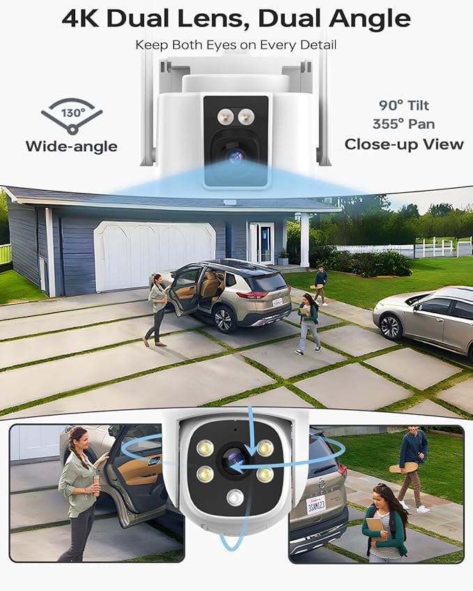 Wireless Security Camera System Outdoor: 4pcs 6MP Dual Lens Dual Screen PTZ Outdoor Cameras with Auto Tracking, 4K 10CH 1TB HDD NVR for Home Security, Color Night Vision, 24/7 Record