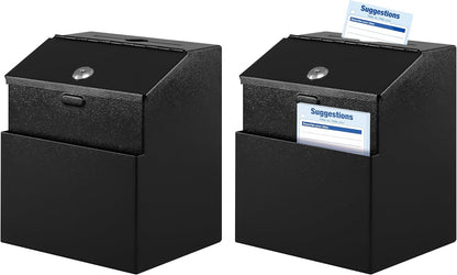 KYODOLED Suggestion Box with Lock and Slot, Metal Wall Mounted Money Key Drop Box with 100 Free Suggestion Cards, Donation and Collection for Fundraising, Black, 2Pack