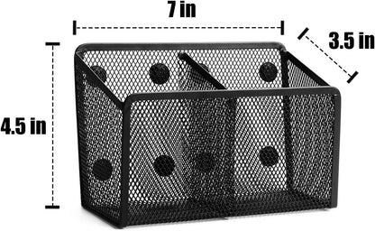 Magnetic Pencil Holder - Extra Strong Magnets Mesh Marker Holder Perfect for Whiteboard, Refrigerator and Locker Accessories (2 Baskets, 1 Pack Black)