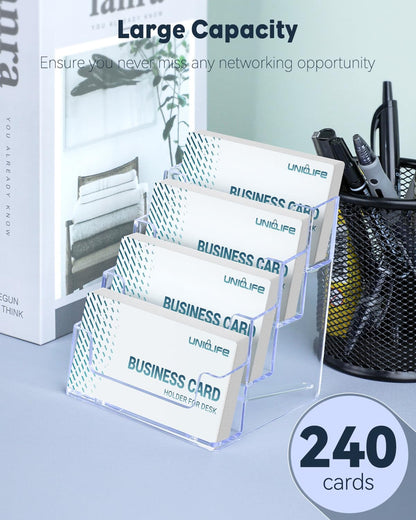 Uniclife 2 Pack Acrylic Business Card Holder for Desk 4 Slots Clear Business Card Display Stand for Men & Women Desktop Business Card Organizer Card Stand for Office Home Exhibition, 240 Card Capacity
