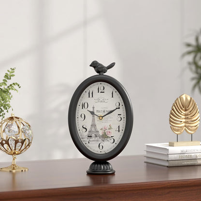 Vintage Table Clock with Bird, Desk and Shelf Decor Clock, French Paris Style, Antique Black Metal Mantel Clocks for Living Room, Farmhouse, Bedroom, Bedside, Gift (10" H x 5.9" W)