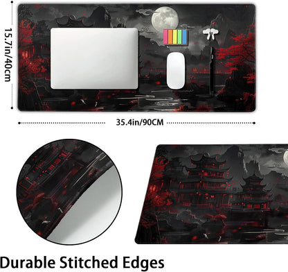 Full Moon Night Gaming Mouse Pad XXL Black Red Mountain Japanese Extended Large Mat Mousepad Desk Pad Non-Slip Rubber Base Stitched Edge Keyboard Pad Playmat for Computer,35.4×15.7 Inch