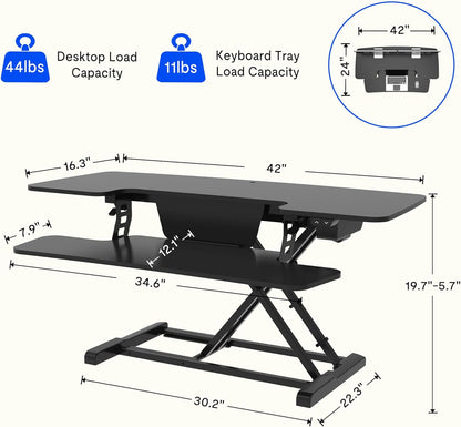 FLEXISPOT Electric Standing Desk Converter 42" Height Adjustable Desk 55 LBS Weight Capacity Motorized Stand up Desk Riser with Quick Release Keyboard Tray for Office Home