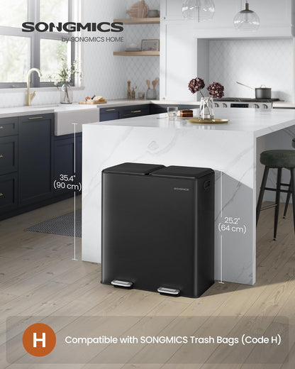 SONGMICS Trash Can, 2 x 8 Gallon (2 x 30 L) Double Garbage Can with Soft-Close Lids, Removable Inner Buckets, Pedals, Stainless Steel, for Waste and Recycling, Ink Black ULTB743B01