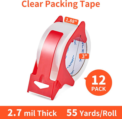 JARLINK 12 Rolls Clear Packing Tape with 2 Dispensers, Heavy Duty Packaging Tape Refills for Shipping Packaging Mailing, 2.7mil Thick, 1.88 inches Wide, 55 Yards Per Roll, 660 Total Yards