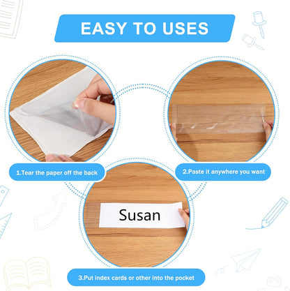 Outus 100 Pcs Clear Self Adhesive Pockets - Bin Labels for Storage Bins, Pocket Label Sleeves, Plastic Index Card Holder with Top Open for Organizing Bins Box Drawer(3.55 x 10.8 Inch)