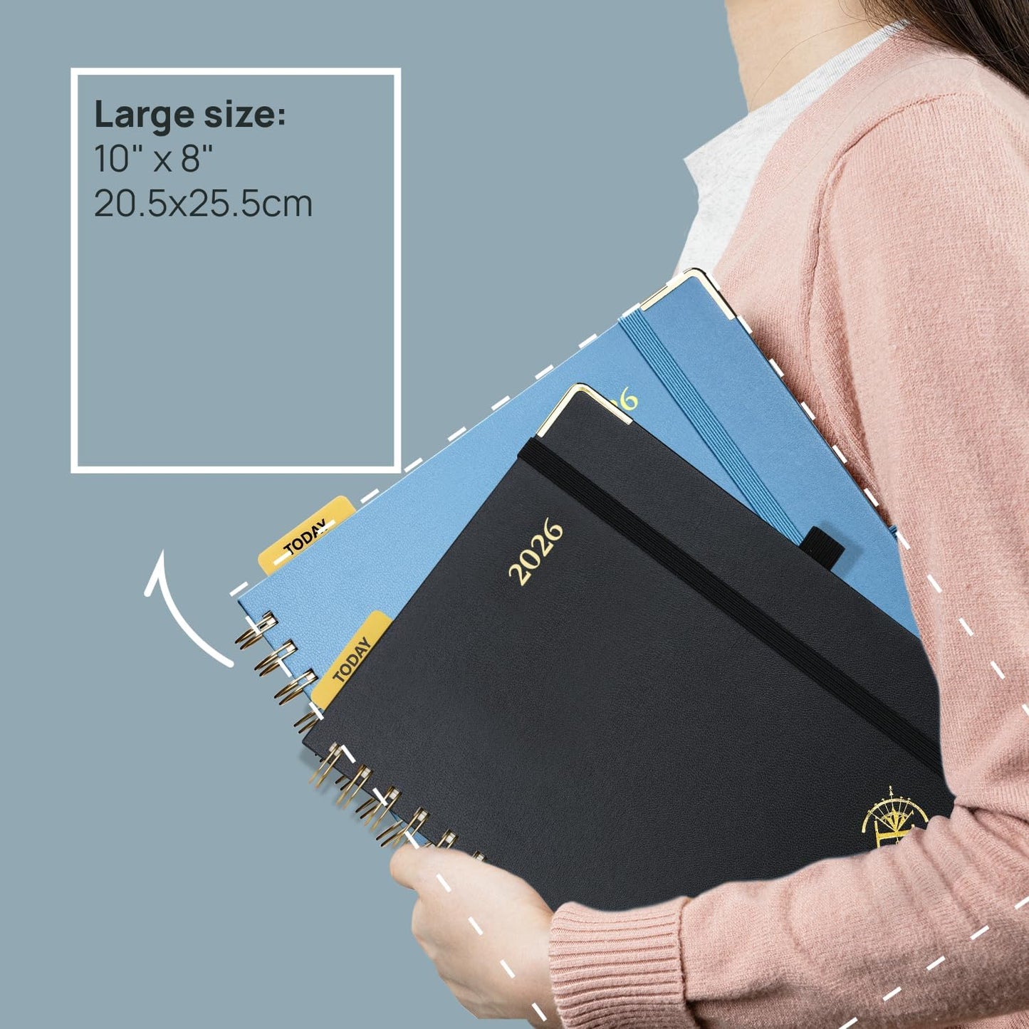 POPRUN 2026 Planner (Large Size 10'' x 8'' Wire-Bound Hard Cover) Daily Weekly and Monthly Calendar - Agenda 2026 (Jan.2026-Dec.2026) with Hourly Schedule, Monthly Tabs - Navy Blue