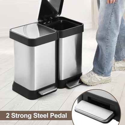 13 Gallon Dual Compartment Trash Can, 2 x 25L Fingerprint Resistant Stainless Steel Kitchen Garbage Can with 2 Soft-Close Lid & Foot Pedal for Kitchen Office Bathroom, Without Inner Bucke