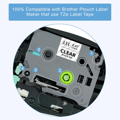 Absonic Tz131 Label Maker Clear Tape Compatible for Brother Tze-131 Tze 12mm 0.47 Laminated 1/2 Tz Label Tape for Brother Ptouch PTD220 PTD210 PTH110 PTH100 PTD400 PTD610BT, Black on Clear, 4-Pack
