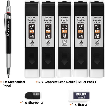Nicpro 2.0 mm Mechanical Pencil Set, Artist Metal Lead Holder Metal Marker Carpenter pencils with 60 Graphite Lead Refill HB, 2H, 4H, 2B, 4B, Eraser, Sharpener for Draft Drawing, Writing Art Sketching