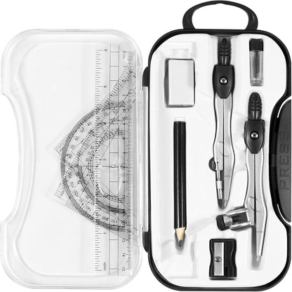 10 Pieces Math Geometry Kit Set Student Supplies with Shatterproof Storage Box,Includes Rulers,Protractor,Compass,Eraser,Pencil Sharpener,Lead Refills,Pencil,for School and Drawings（Black）