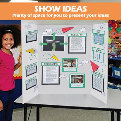 4 Pack 36"x48" Large Trifold Poster Display Board with Headers,White Foldable Presentation Paper Board with 4 Science Subtitles and 32 Self-Adhesive for School Science Business Project Display