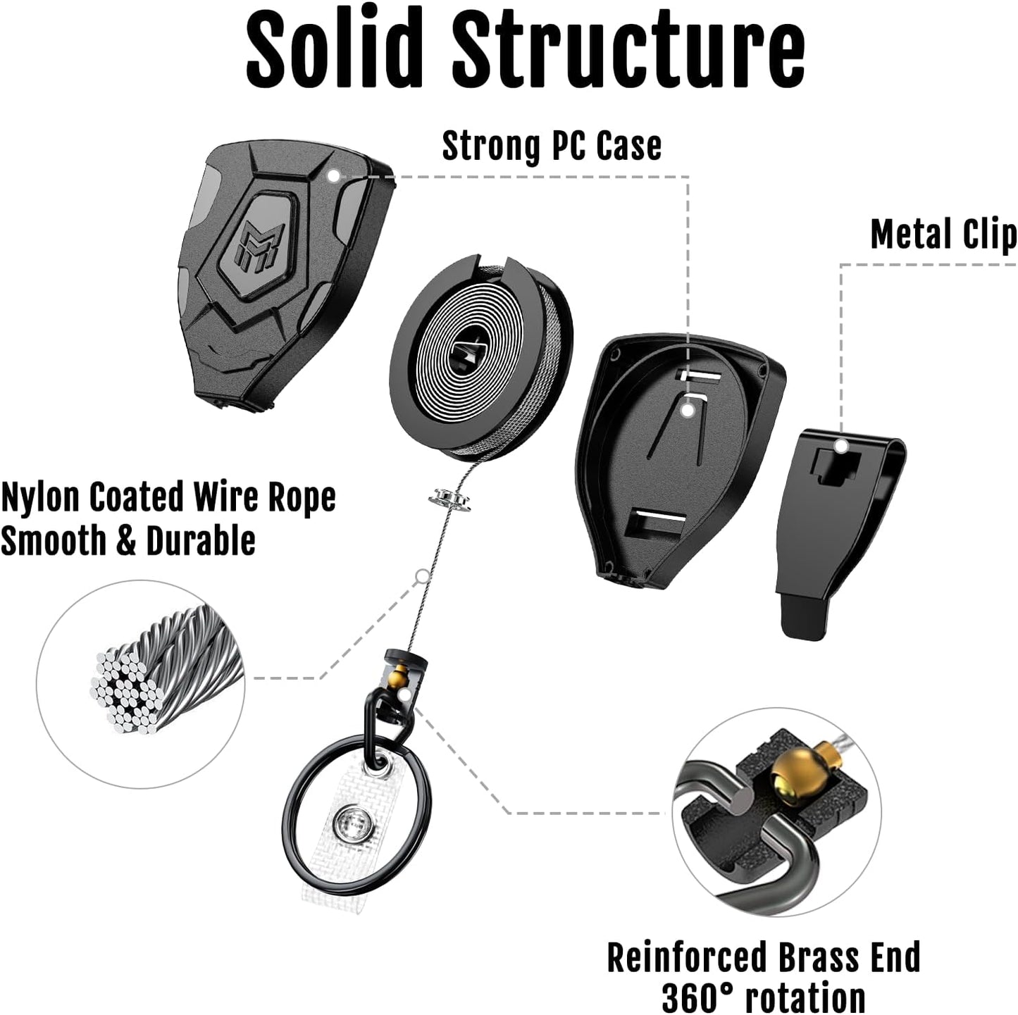 MNGARISTA Heavy Duty Retractable Keychain with Belt Clip, ID Badge Reel Key Chain, Badge Holder with 31.5' Steel Cord and Key Ring, 9.0oz, Black