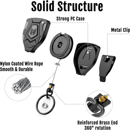 MNGARISTA Heavy Duty Retractable Keychain with Belt Clip, ID Badge Reel Key Chain, Badge Holder with 31.5' Steel Cord and Key Ring, 9.0oz, Black