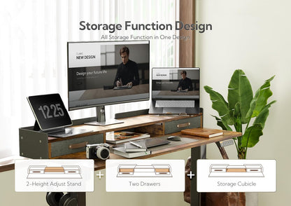 YDN Rustic Brown 2-Tier Adjustable Electric Standing Desk, 63 inch, Modern Design with 2 Drawers, Felt Fence, Hook, for Office