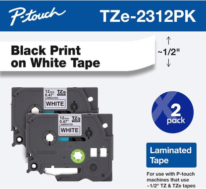 Brother Genuine P-Touch, TZe-231 2 Pack Tape (TZE2312PK) ½”(0.47”) x 26.2 ft. (8m) 2 Count (Pack of 1) Laminated P-Touch Tape, Black on White