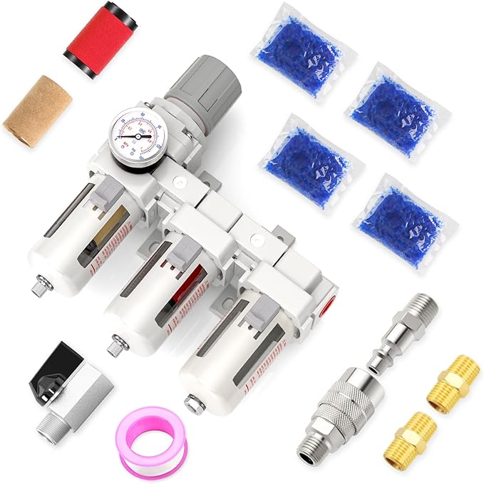 3/8" NPT 3 Stage Aluminium Air Drying System with 150PSI Gauge, Coalescing Filter, Particulate Filter, Desiccant Dryer and Air Regulator, Manual Drain For Plasma Cutter and Paint Spray