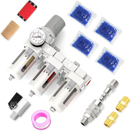 1/2" NPT 3 Stage Aluminium Air Drying System with 150PSI Gauge, Coalescing Filter, Particulate Filter, Desiccant Dryer and Air Regulator, Manual Drain For Plasma Cutter and Paint Spray
