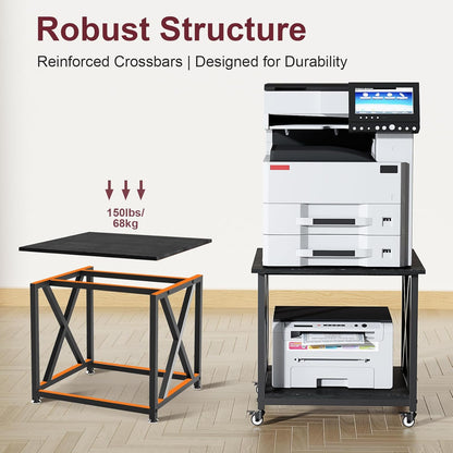 2 Tier Large Printer Stand, 23.6 x 23.6 Inches Printer Table with Storage Shelf, Rolling Printer Cart with Industrial Wheels for Home Office (Black)