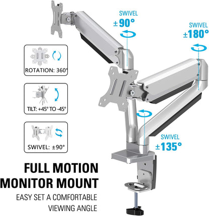 MOUNTUP Dual Monitor Desk Mount, Die-Cast Aluminum Fully Adjustable Double Monitor Arm with Gas Spring, Computer Monitor Stand Fits 2 Screen 17 to 32 inch - Each Arm Holds 3.3-17.6LBS, MU0024