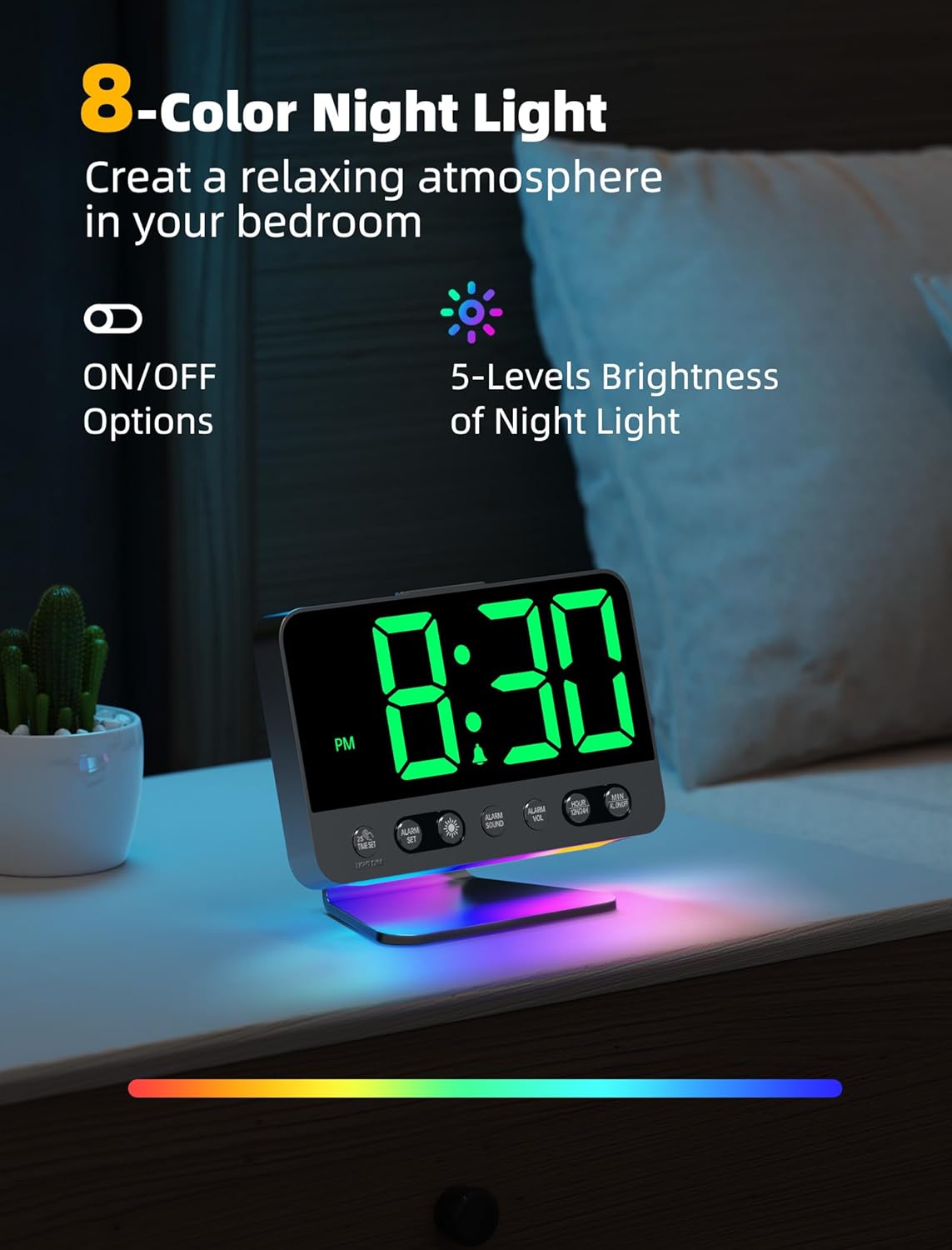Digital Alarm Clocks for Bedrooms: Large Bold Number 5 Brightness Dimmer - Easy to Read Across The Room - 5 Alarm Sound 8 Night Light - Green