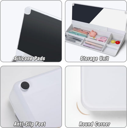 SELEAD Desktop Glass Whiteboard with Organizer & Built-in Mirror, Small Dry Erase White Board Computer Pad Keyboard Stand for Home, School, Office Desk Accessories - White