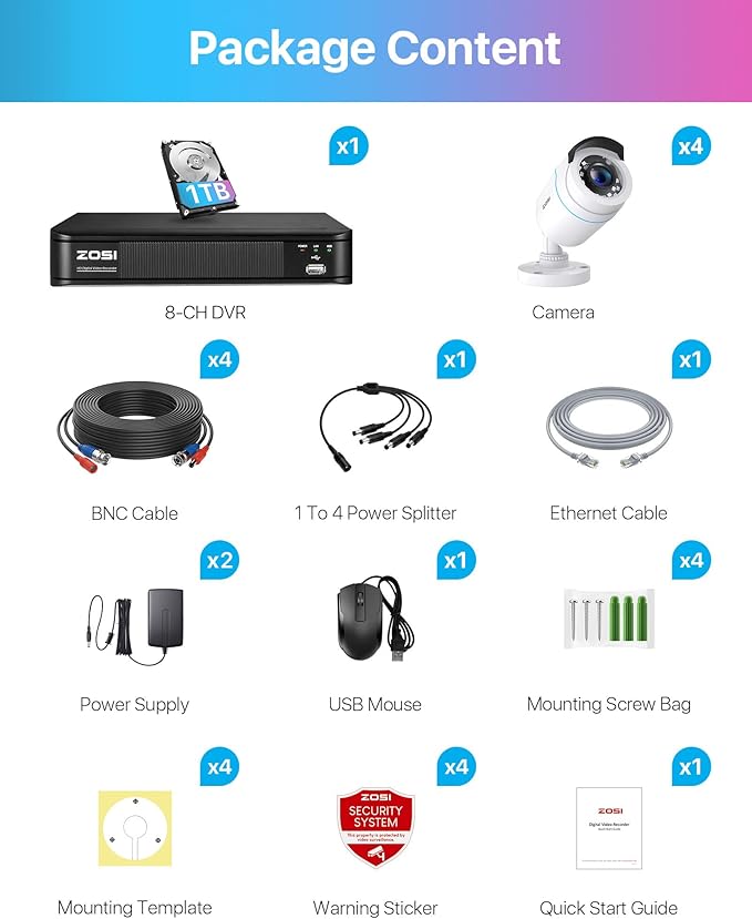 ZOSI H.265+ Full 1080p Home Security Camera System Outdoor Indoor, 5MP-Lite CCTV DVR 8 Channel with AI Human Vehicle Detection, 4 x 1080p Weatherproof Surveillance Camera, 80ft Night Vision, 1TB HDD