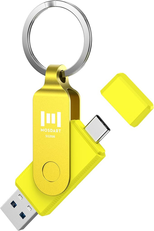 MOSDART 512GB USB3.1 Fast Speed C and A Dual Flash Drive, exFAT Memory Stick with Keychain and LED Indicator, for iPhone 15,16, 17, Android Phone, iPad, MacBook, and Other Laptops,Yellow