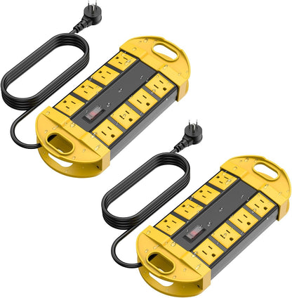 CCCEI 2 Outdoor Power Strips Weatherproof with 8 Plug, Waterproof Extension Cord with Multiple Outlets, Christmas Exterior Garden Yard Surge Protector 10FT, Yellow.
