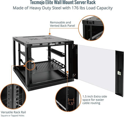 Tecmojo 9U Wall Mount Rack Cabinet, Heavy-Duty 176 Lbs High Load Capacity, 19” Enclosed Server Network Rack with Glass Door, 17.7” Deep – Elite Collection