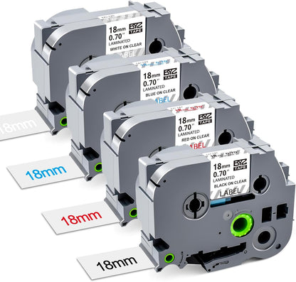 4 Pack TZ Tape 18mm Clear Replace for Brother TZe 0.13-0.7 3.5-18mm Laminated Transparent TZe-141 TZe-142 TZe-143 TZe-145 Black/Red/Blue/White on Clear for P Touch PT-1890 PT-D600 PT-D400
