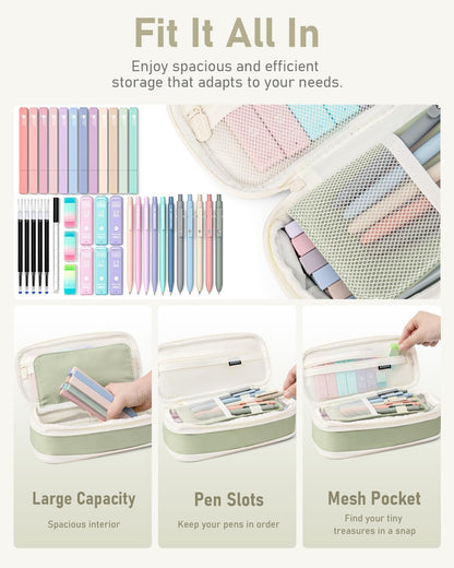 Four Candies 39 PCS Aesthetic School Supplies with Cute Pen Case, 12 Pastel Highlighters, 5 Black Ink Gel Pens, 6 Mechanical Pencils Set 0.5 & 0.7 mm for Students Stationary College Essentials (Green)