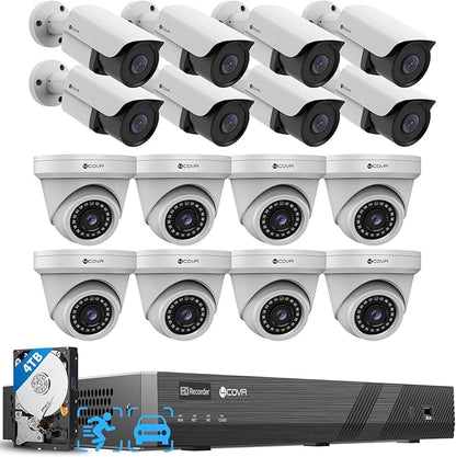 4COVR 4K 16 Channel PoE Security Camera System for Business, Ultra-HD NVR 4TB HDD, Human Vehicle Detection, 8 Dome 8 Bullet 8MP IP67 Commercial IP Camera, Night Vision, 24/7 Recording, LYH37E8M1616