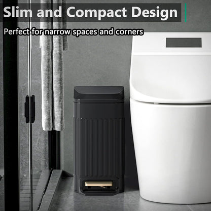 Small Bathroom Trash Can with Lid Soft Close-6L/1.6 Gal Slim Step Garbage Can-Metal Pedal Wastebasket-Narrow Rectangle Garbage Container Bin for Corner Office, Bedroom, Toilet, Live Room-Black
