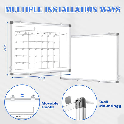 Monthly Calendar Dry Erase Whiteboard for Wall, 36" x 24" Double-Sided Calendar White Board, Magnetic Portable Board for Office, Kitchen, School, Home