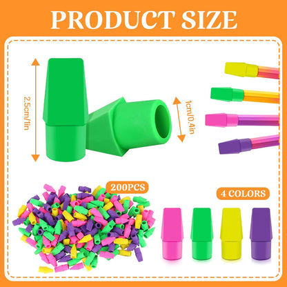 PRALB 200PCS Multicolor Pencil Top Eraser Caps - Bullet Tip Erasers in Pink, Purple, Green & Yellow | Bulk Pack for School, Office, Party Favors & Classroom Rewards