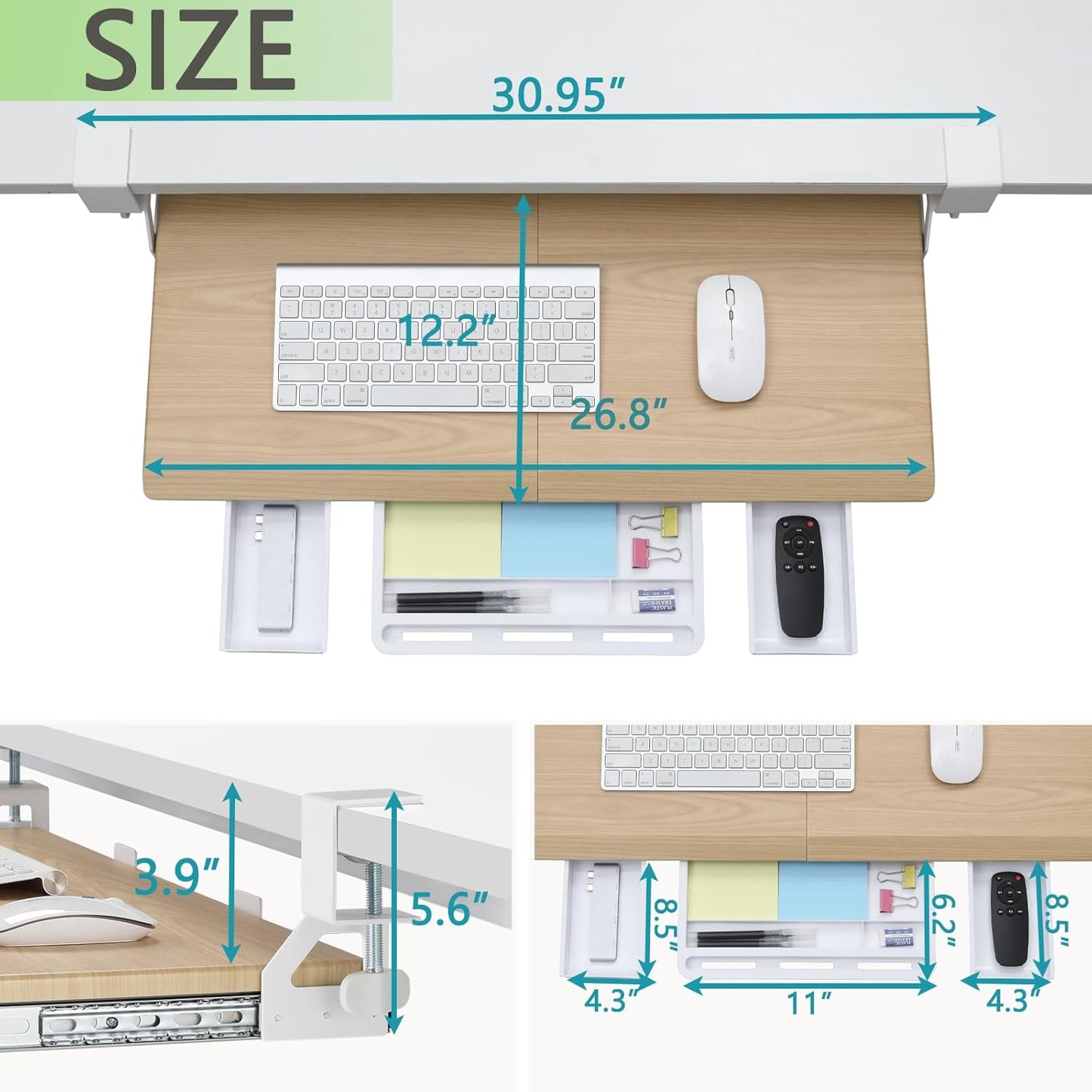 ETHU Keyboard Tray Under Desk, Pull Out Keyboard & Mouse Tray with C-clamp, Ergonomic Desk Keyboard Tray Slide Out, Pull Out Platform Drawer for Home and Office（Oak）