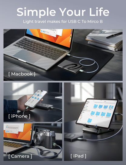 AINOPE External Hard Drive Cord 10Gbps Micro B to USB C External Hard Drive USB C to Micro B Cable Nylon Braided for MacBook Air/Pro, Seagate, WD Toshiba, SSD, iPhone, iPad, Camera, 1.6FT, Grey