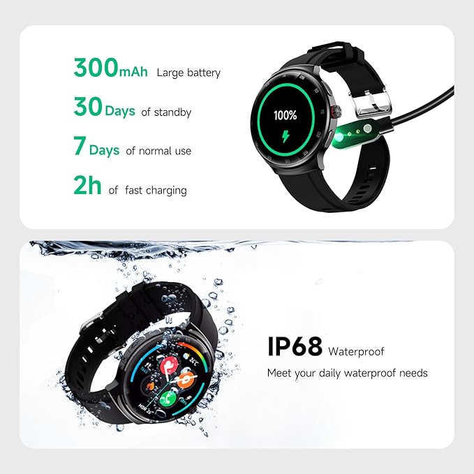 Smart Watch for Men Women, 1.43" AMOLED IP68 Waterproof Smartwatch, Fitness Tracker with Heart Rate/SpO2/Sleep Monitor, 150+ Sports Mode, Bluetooth Call Android & iOS Compatible, 2 Bands