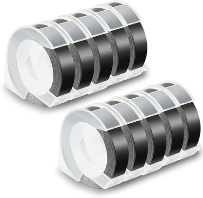 Pristar Replacement 3D Plastic 9mm Embossing Tapes 3/8'' x 9.8' Compatible for Dymo Embossing Label Maker Organizer Xpress 12965, Xpress Pro 12966, Office Mate II 154000, White Print on Black, 10-Pack