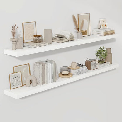 Fun Memories 72 Inch Floating Shelves for Wall, Fireplace Mantel Shelf with Invisible Heavy Duty Bracket, 8 Inch Deep Storage Shelf for Living Room, Kitchen, Farmhouse, White (2-Pack)