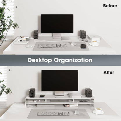 Fenge Acrylic Monitor Stand Riser, Clear Dual Acrylic Computer Monitor Stand for 2 Monitors, 2 Tier Wood Office Desk Storage Organizer for Laptop, Computer, TV Stand