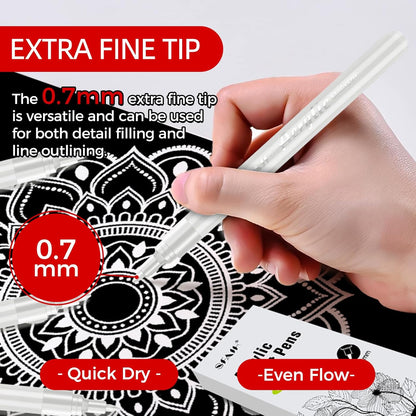 SFAIH White Paint Markers Pens - 4 Pack 0.7MM Fine Tip Acrylic White Permanent Markers for Adding Highlights on Rocks, Black Paper Sketching, DIY Canvas Art Details