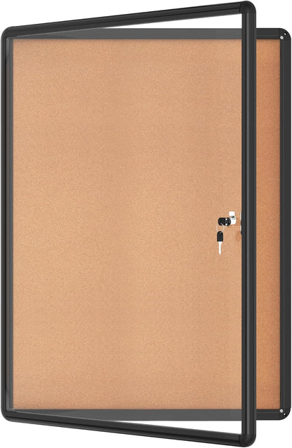 38"x28" Enclosed Bulletin Board, Lockable Weather-Resistant Aluminum Cork Noticeboard for School & Office, Black Frame w/Cork