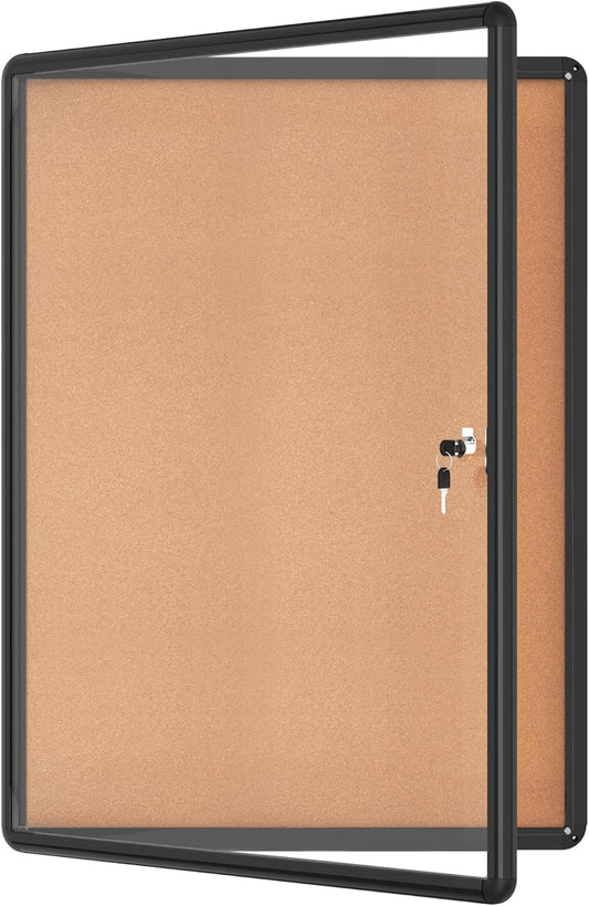 38"x28" Enclosed Bulletin Board, Lockable Weather-Resistant Aluminum Cork Noticeboard for School & Office, Black Frame w/Cork