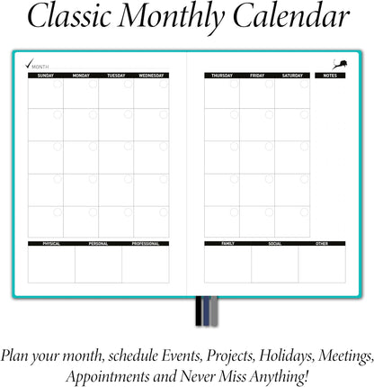 Daily Planner, Calendar and Gratitude Journal to Improve Time-Management, Productivity & Happiness | Vegan Leather Hardcover Organizer with Blank Dates, Undated 6 Months 24 Hour Agenda