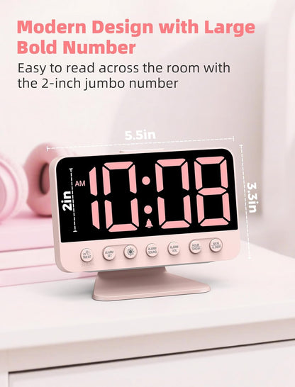 Digital Alarm Clocks for Bedrooms: Large Bold Number 5 Brightness Dimmer - Easy to Read Across The Room - 5 Alarm Sound 8 Night Light - Sakura Pink