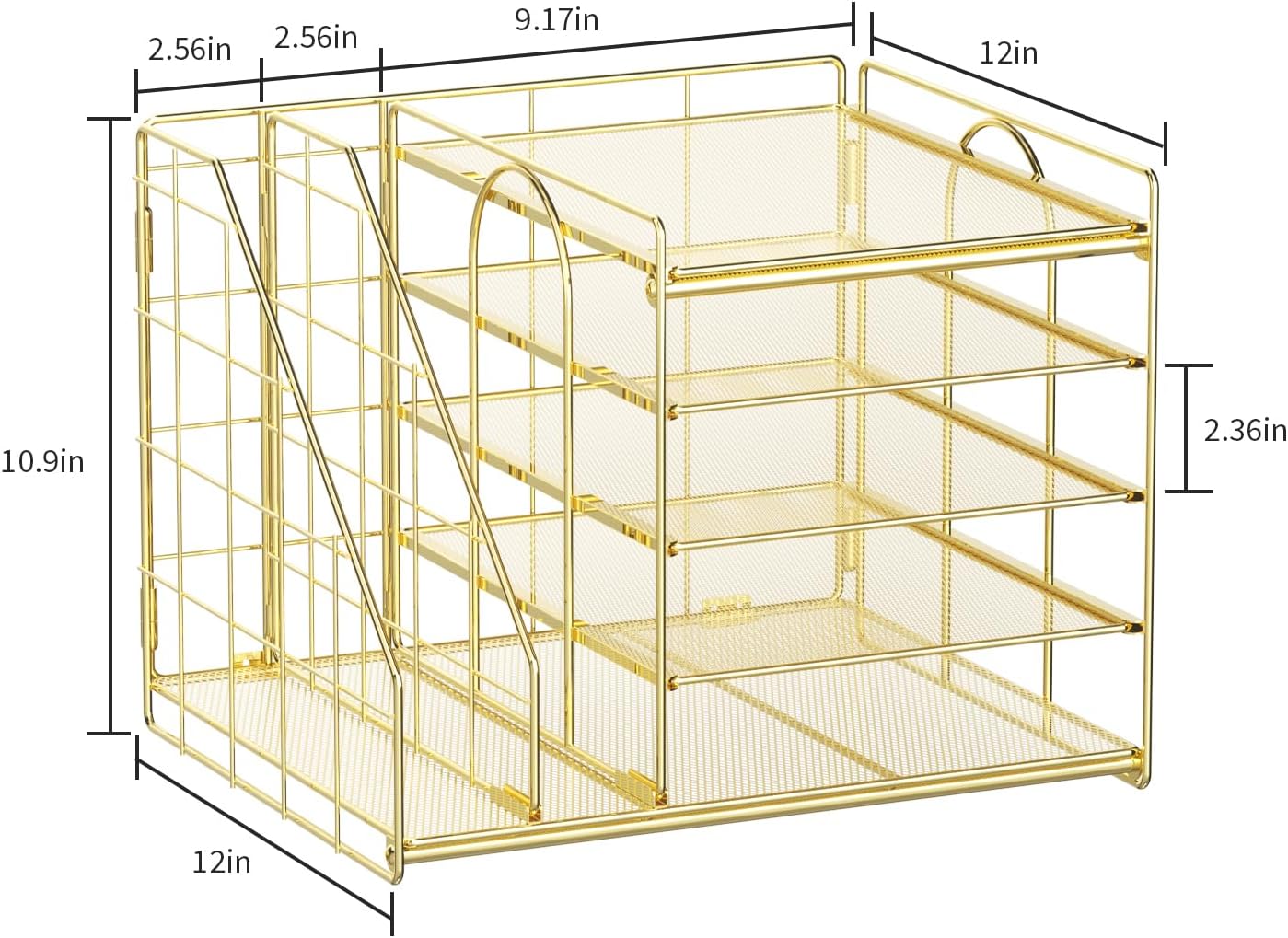 Marbrasse Desk Organizer with File Holder, 5-Tier Paper Letter Tray, Mesh Desk Organizers and Accessories with Magazine Holder, Desktop Organizer and Storage for Office Supplies (Gold)