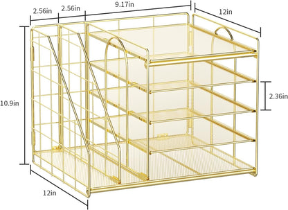 Marbrasse Desk Organizer with File Holder, 5-Tier Paper Letter Tray, Mesh Desk Organizers and Accessories with Magazine Holder, Desktop Organizer and Storage for Office Supplies (Gold)
