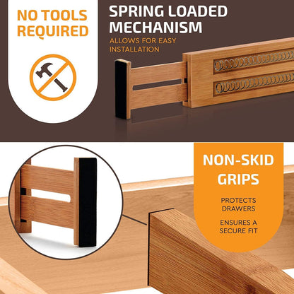 Large Kitchen Drawer Organizer - Expandable Bamboo Drawer Dividers (17" - 21.5") - Adjustable Separators for Kitchen, Clothes, Dresser, Bedroom, Bathroom, and Desk Drawers - 6 Pack